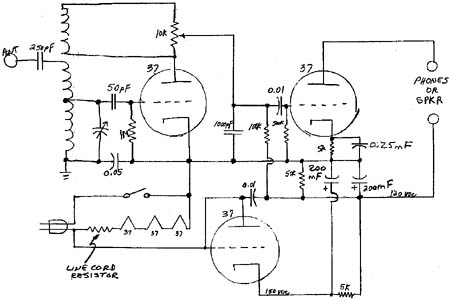 Schematic diagram for the 3-tube regenerative radio