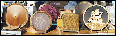 A display of cone speakers