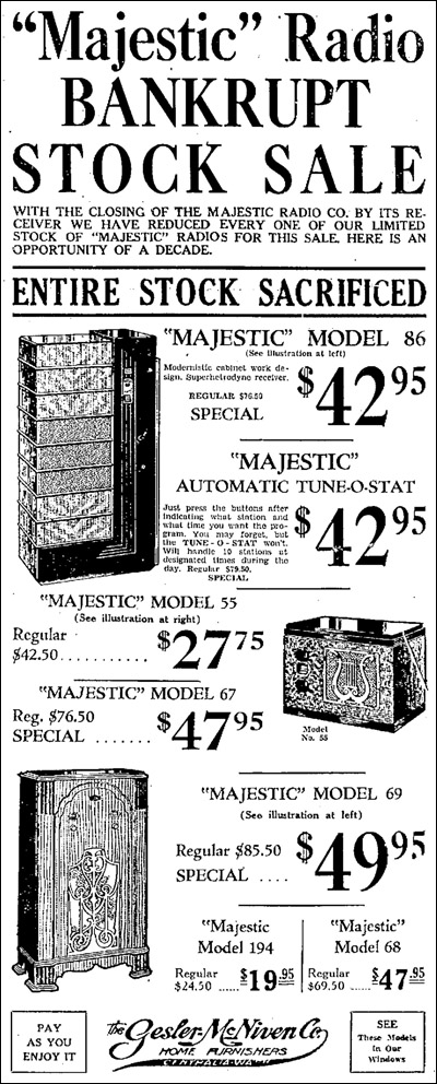 Majestic Radio bankrupt stock sale advertisement