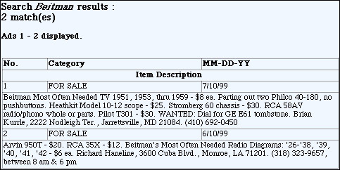 Results of a classified ad search on the word "Beitman."